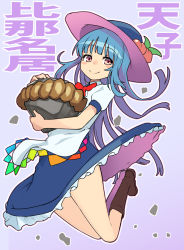 Rule 34 | 1girl, bare legs, blue background, blue eyes, blue hat, blue skirt, blunt bangs, blush, boots, brown footwear, closed mouth, food, frilled skirt, frills, fruit, full body, hat, highres, hinanawi tenshi, holding, jumping, long hair, looking at viewer, neck ribbon, peach, pink eyes, pink hat, puffy short sleeves, puffy sleeves, red ribbon, ribbon, shirt, short sleeves, skirt, smile, solo, taketora suzume, touhou, translated, white shirt