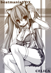 Rule 34 | 1girl, animal ears, beatmania, beatmania iidx, breasts, large breasts, long hair, looking at viewer, mizushiro celica, monochrome, smile, solo, syroh, thighhighs, twintails