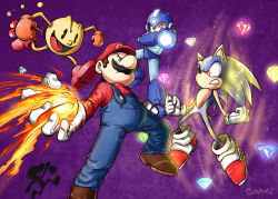 Rule 34 | 2boys, 3others, angry, arm cannon, blue eyes, capcom, charging (attack), cherry, clash, facial hair, fire, fireball, food, fruit, gem, gloves, hat, helmet, mario, mario (series), mega man (character), mega man (series), mr. game &amp; watch, multiple boys, multiple others, mustache, namco, nintendo, open mouth, pac-man, red eyes, robot, sega, serious, sonic (series), sonic the hedgehog, super mario bros. 1, super smash bros., weapon