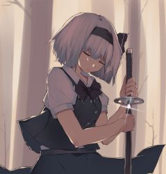 Rule 34 | 1girl, black bow, black hairband, black neckwear, black ribbon, bob cut, bow, closed eyes, closed mouth, collared shirt, glowing, glowing weapon, green skirt, green vest, grey hair, hairband, highres, holding, holding sword, holding weapon, katana, konpaku youmu, puffy short sleeves, puffy sleeves, ribbon, rizeass, scabbard, sheath, shirt, short hair, short sleeves, simple background, skirt, sword, touhou, upper body, vest, weapon, white shirt