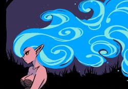 Rule 34 | 1girl, akairiot, alternate hair color, bare shoulders, blue hair, breasts, brenna (akairiot), cleavage, collarbone, colored sclera, eyelashes, fiery hair, fire, from side, grass, long hair, looking to the side, medium breasts, night, original, outdoors, pointy ears, red eyes, sleeveless, solo, tree, upper body, very long hair, yellow sclera