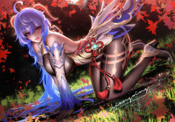 Rule 34 | 1girl, ahoge, all fours, autumn leaves, backless outfit, blue hair, bodystocking, breasts, cleavage, detached sleeves, ganyu (genshin impact), genshin impact, high heels, horns, large breasts, leaf, liang xing, long hair, looking at viewer, paid reward available, pink eyes, signature, solo, tagme, very long hair