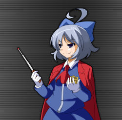 Rule 34 | 1girl, ace attorney, ace attorney investigations, ace attorney investigations 2, ahoge, alternate costume, alternate eye color, alternate hairstyle, arms up, ascot, conductor baton, be (o-hoho), blue hair, bow, capcom, cirno, cosplay, emblem, gloves, grey background, hair bow, ichiyanagi yumihiko, ichiyanagi yumihiko (cosplay), jacket, jacket on shoulders, long sleeves, outline, parody, purple eyes, school uniform, short hair, simple background, skirt, smile, smug, solo, striped, striped background, style parody, touhou, trait connection, uniform, white gloves