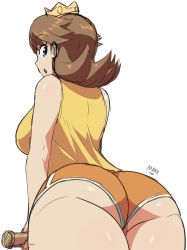Rule 34 | 1girl, :o, absurdres, artist name, ass, ass focus, back, bare shoulders, blue eyes, breasts, brown hair, cowboy shot, crown, dolphin shorts, flipped hair, from behind, from below, highres, holding, holding racket, huge ass, large breasts, looking at viewer, looking back, looking down, mario (series), mario tennis, maru zyru kun, nintendo, orange shorts, princess daisy, racket, shiny skin, shirt, short hair, short shorts, shorts, simple background, sketch, sleeveless, sleeveless shirt, solo, tennis daisy, tennis racket, thick thighs, thighs, white background, yellow shirt