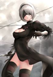 Rule 34 | 1girl, arm at side, bad id, bad pixiv id, black dress, black footwear, black gloves, black hairband, black ribbon, black thighhighs, blindfold, boots, breasts, brown thighhighs, cleavage, cleavage cutout, clothing cutout, covered erect nipples, covered eyes, covered navel, cowboy shot, dress, feather-trimmed sleeves, feather trim, gloves, hair over one eye, hairband, hand up, highres, holding, holding sword, holding weapon, jenson tw, juliet sleeves, katana, large breasts, legs apart, leotard, lips, long sleeves, looking at viewer, medium breasts, mole, mole under mouth, nier (series), nier:automata, nose, outdoors, parted lips, pink lips, puffy sleeves, ribbon, short hair, side slit, silver hair, solo, standing, sword, tassel, thighhighs, thighhighs under boots, turtleneck, vambraces, weapon, 2b (nier:automata)