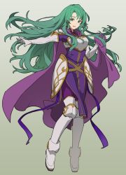 Rule 34 | 1girl, :d, absurdres, armor, asao (vc), boots, breastplate, cape, cecilia (fire emblem), elbow gloves, fire emblem, fire emblem: the binding blade, full body, gloves, green eyes, green hair, highres, holding, holding cape, holding clothes, knee boots, long hair, looking at viewer, nintendo, open mouth, purple cape, shoulder armor, smile, solo, white armor, white gloves