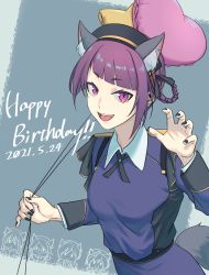 Rule 34 | 1girl, absurdres, alternate hair length, alternate hairstyle, animal ears, balloon, black nails, blue shirt, breasts, claw pose, collared shirt, cross tie, dated, hairband, hand up, happy birthday, highres, holding, holding balloon, idolmaster, idolmaster shiny colors, jichi, kemonomimi mode, long sleeves, looking at viewer, nail polish, open mouth, purple eyes, purple hair, shirt, short hair, sidelocks, small breasts, solo, tail, tanaka mamimi, teeth, tongue, upper body, upper teeth only