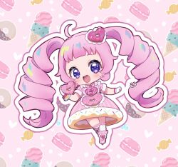 Rule 34 | 1girl, :d, ahoge, aozora himari, blunt bangs, boots, candy, chibi, chii (chi pppuri), commentary request, doughnut, doughnut hair ornament, dress, drill hair, food, food-themed clothes, food-themed hair ornament, full body, gloves, hair ornament, highres, himitsu no aipri, holding, holding food, ice cream cone, idol clothes, long hair, looking at viewer, macaron, open mouth, outline, pink background, pink dress, pink footwear, pink hair, pretty series, purple eyes, short sleeves, signature, smile, solo, standing, twintails, very long hair, white gloves, white outline