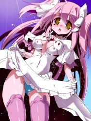 Rule 34 | 10s, 1girl, :o, blue panties, blush, bow, breasts, cleavage, cleavage cutout, clothes lift, clothing cutout, covered erect nipples, dress, dress lift, gloves, gluteal fold, hair bow, kaname madoka, large breasts, mahou shoujo madoka magica, mahou shoujo madoka magica (anime), miuku (marine sapphire), panties, solo, spoilers, thighhighs, two side up, ultimate madoka, underwear, yellow eyes