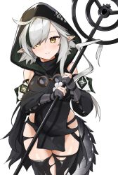 Rule 34 | 1girl, ahoge, arknights, black shirt, black thighhighs, cowboy shot, crocodilian tail, detached sleeves, fingerless gloves, gloves, goggles, goggles around neck, green hair, grey hair, highres, holding, holding staff, hood, hood up, light blush, looking at viewer, multicolored hair, pointy ears, poyason, shirt, short hair, simple background, smile, solo, staff, streaked hair, tail, thighhighs, tomimi (arknights), torn clothes, torn thighhighs, white background, yellow eyes