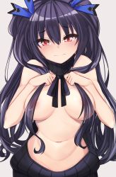Rule 34 | 1girl, bare shoulders, black hair, blush, breasts, dura, hair over breasts, hair ribbon, highres, large breasts, looking at viewer, meme attire, navel, neptune (series), noire (neptunia), red eyes, ribbon, solo, twintails, virgin killer sweater