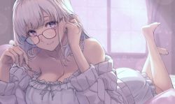Rule 34 | 1girl, babydoll, barefoot, blush, breasts, cardigan, cleavage, commentary request, curtains, glasses, hair behind ear, holding, indie virtual youtuber, indoors, large breasts, long hair, looking at viewer, lying, mi2mi2 minmi, mimikaki, on stomach, purple eyes, simple background, smile, solo, virtual youtuber, white babydoll, white cardigan, white hair, window, yomi tsumugiha
