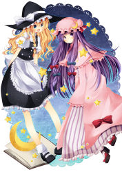 Rule 34 | 2girls, apron, bad id, bad pixiv id, blonde hair, book, capelet, cloak, crescent moon, doily, female focus, full body, hat, kirisame marisa, long hair, mary janes, moon, multiple girls, patchouli knowledge, purple hair, shoes, somiko, star (symbol), striped, touhou, witch hat