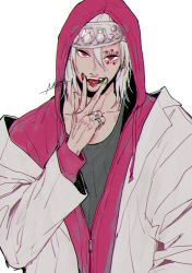 Rule 34 | 1boy, and rira, contemporary, crystal, cunnilingus gesture, fingernails, gem, highres, hood, hood up, hoodie, jewelry, kimetsu no yaiba, looking at viewer, male focus, piercing, red eyes, red hoodie, ring, simple background, solo, tongue, tongue out, tongue piercing, uzui tengen, v, white background, white hair