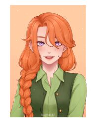 Rule 34 | 1girl, absurdres, border, braid, braided ponytail, buttons, collared shirt, commentary, english commentary, freckles, green shirt, green vest, highres, leah (stardew valley), lips, long hair, long sleeves, looking at viewer, mugen0017, open mouth, orange background, orange hair, outside border, pink lips, purple eyes, shirt, simple background, smile, solo, stardew valley, teeth, upper teeth only, very long hair, vest, white border