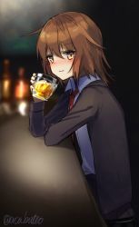 Rule 34 | 1girl, alcohol, blazer, blue shirt, brown eyes, brown hair, clothes lift, dress, dress lift, glass, grey blazer, highres, jacket, kantai collection, looking at viewer, necktie, one-hour drawing challenge, red necktie, shirt, short hair, solo, upper body, wakaba (kancolle), yamashichi (mtseven)