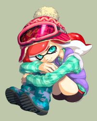 Rule 34 | 1girl, absurdres, aqua eyes, aqua shirt, artist name, bike shorts, boots, camouflage, camouflage footwear, freckles, full body, goggles, goggles on headwear, hat, highres, inkling, inkling girl, inkling player character, long hair, long sleeves, looking at viewer, nintendo, otoboke-san, pink hat, plaid, plaid shirt, purple vest, red hair, shirt, single vertical stripe, sitting, smile, solo, splatoon (series), splatoon 2, suction cups, tentacle hair, vest