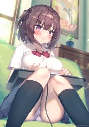 Rule 34 | 1girl, artist name, ass, black socks, blue skirt, blunt bangs, blurry, blurry background, blush, bow, bowtie, breasts, brown hair, closed mouth, collarbone, collared shirt, copyright name, couch, feet out of frame, fighting game, hair between eyes, hair ornament, hairclip, holding, indoors, kneehighs, large breasts, looking at viewer, medium hair, melonbooks, mintice (asatsukimint), nail polish, on couch, panties, pantyshot, pink nails, pink panties, pleated skirt, purple eyes, red bow, red bowtie, school uniform, shirt, short sleeves, sitting, skirt, socks, solo, sweatdrop, two side up, underwear, uniform, watermark, white shirt, window