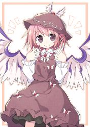 Rule 34 | 1girl, animal ears, asameshi, bird wings, brown dress, brown eyes, brown hat, closed mouth, collared shirt, dress, earrings, feathered wings, fingernails, hat, jewelry, long fingernails, long sleeves, looking at viewer, mob cap, mystia lorelei, nail polish, pink hair, pink nails, shirt, short hair, single earring, smile, solo, touhou, white shirt, winged hat, wings