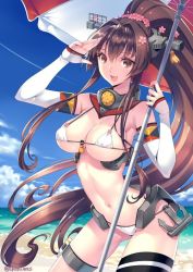 Rule 34 | 10s, 1girl, bare shoulders, beach, bikini, brown eyes, brown hair, cherry blossoms, cloud, day, detached sleeves, flower, hair flower, hair ornament, kantai collection, long hair, looking at viewer, micro bikini, navel, nishimura eri, open mouth, outdoors, ponytail, salute, single thighhigh, sky, smile, solo, strap gap, swimsuit, thighhighs, umbrella, very long hair, water, white bikini, yamato (kancolle)