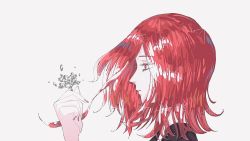 Rule 34 | 1other, androgynous, artist request, cinnabar (houseki no kuni), closed mouth, collared shirt, crystal hair, fingernails, from side, gem uniform (houseki no kuni), hair between eyes, highres, holding, houseki no kuni, long bangs, mercury (element), nail polish, other focus, profile, red eyes, red nails, shirt, simple background, solo, white background