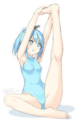 Rule 34 | 1girl, arms up, bare arms, bare legs, bare shoulders, barefoot, black ribbon, blue eyes, blue hair, blue leotard, blush, breasts, commentary request, full body, gluteal fold, groin, hair ribbon, hatsunatsu, leg up, leotard, original, parted lips, ribbon, shadow, sidelocks, small breasts, solo, sweat, twitter username, v-shaped eyebrows, white background