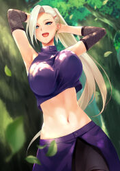Rule 34 | 1girl, :d, arms behind back, blonde hair, blue eyes, breasts, commentary, earrings, from below, hair over one eye, highres, ichikawa noa, jewelry, large breasts, leaf, long hair, looking at viewer, midriff, naruto, naruto (series), navel, open mouth, ponytail, smile, solo, yamanaka ino