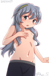 Rule 34 | 1girl, black shorts, commentary request, convenient censoring, cowboy shot, flat chest, grey eyes, grey hair, groin, kantai collection, long hair, navel, one-hour drawing challenge, ray.s, shorts, sidelocks, simple background, solo, topless, wavy hair, white background, yamagumo (kancolle)