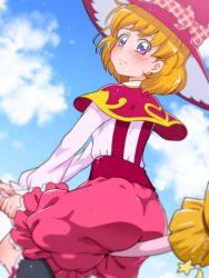 Rule 34 | 1girl, asahina mirai, ass, between buttocks, blonde hair, blush, broom, broom riding, capelet, cloud, day, hat, looking back, mahou girls precure!, precure, purple eyes, short hair, sky, solo, tj-type1, witch hat