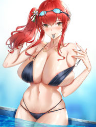 Rule 34 | 1girl, absurdres, areola slip, azur lane, bare shoulders, bikini, black bikini, blue background, blush, breasts, cleavage, closed mouth, collarbone, covered erect nipples, goggles, goggles on head, gradient background, highres, large breasts, long hair, looking at viewer, mouth hold, multi-strapped bikini, nail polish, navel, nipples, o-ring, o-ring bikini, poolside, red hair, revision, side ponytail, sidelocks, solo, strap pull, swimsuit, toned, wet, whistle, whistle around neck, wu ganlan cai, yellow eyes, zara (azur lane), zara (poolside coincidence) (azur lane)