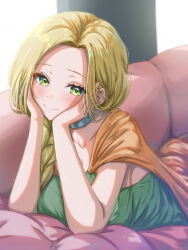 Rule 34 | 1girl, absurdres, bianca (dq5), blonde hair, blush, bracelet, braid, breasts, cape, choker, collarbone, couch, dragon quest, dragon quest v, earrings, green eyes, hair over shoulder, hands on own cheeks, hands on own face, head rest, highres, jewelry, large breasts, long hair, lying, on couch, on stomach, sakunaru, sideboob, single braid, smile, solo