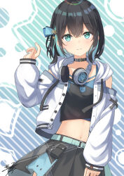 Rule 34 | 1girl, bad id, bad pixiv id, belt, black choker, black hair, black shirt, black skirt, blue eyes, blue hair, choker, closed mouth, colored inner hair, cowboy shot, crop top, detached sleeves, hair ribbon, hand up, headphones, headphones around neck, highres, jacket, long sleeves, looking at viewer, midriff, miko fly, miyamai moca, multicolored hair, navel, open clothes, open jacket, pleated skirt, ribbon, shirt, short hair, shoulder peek, skirt, sleeveless, sleeveless shirt, smile, solo, standing, stomach, two-tone hair, voicepeak, white jacket