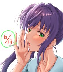 Rule 34 | 1girl, absurdres, aqua neckerchief, blush, check commentary, collarbone, commentary request, dated, dress, green eyes, hasu no sora school uniform, highres, ixianim, link! like! love live!, long hair, looking at viewer, love live!, neckerchief, open mouth, otomune kozue, portrait, purple hair, sailor collar, sailor dress, school uniform, side ponytail, sidelocks, simple background, solo, speech bubble, summer uniform, virtual youtuber, whispering, white background, white dress, white sailor collar