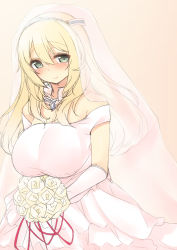 Rule 34 | 10s, 1girl, atago (kancolle), bare shoulders, blonde hair, blush, bouquet, breasts, bridal veil, dress, flower, gloves, green eyes, kantai collection, large breasts, long hair, looking at viewer, nekoume, personification, sketch, smile, solo, tears, veil, wedding dress, white gloves