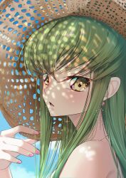 Rule 34 | 1girl, absurdres, alternate costume, backlighting, bare shoulders, blue sky, blush, budgiepon, c.c., cherry blossoms, close-up, code geass, commentary request, dappled sunlight, day, earrings, eyelashes, eyes visible through hair, food print, from side, glint, green hair, hair between eyes, hand up, hat, highres, holding, holding clothes, holding hat, jewelry, lips, long hair, looking at viewer, nail polish, necklace, nose, outdoors, parted lips, pink nails, sidelocks, sky, solo, straight hair, straw hat, sunlight, watermelon print, yellow eyes