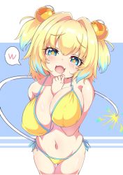 Rule 34 | + +, 1girl, arm between breasts, bad id, bad pixiv id, between breasts, bikini, blonde hair, blue eyes, blue hair, blush, bombergirl, breasts, cleavage, fang, grenade hair ornament, hair intakes, highres, kenzuishi, large breasts, looking at viewer, multicolored hair, navel, open mouth, oppai loli, pine (bombergirl), short hair, short twintails, side-tie bikini bottom, skin fang, smile, solo, speech bubble, swimsuit, twintails, yellow bikini