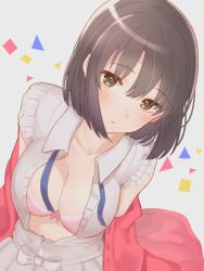 Rule 34 | 1girl, arms behind back, blue neckwear, blue ribbon, blush, bob cut, bow, bow bra, bra, breasts, brown eyes, brown hair, cleavage, collarbone, collared shirt, commentary, frilled shirt, frills, grey background, haitei, head tilt, highres, jacket, katou megumi, looking at viewer, medium breasts, monotiina, off shoulder, open clothes, open shirt, pink bra, pink jacket, ribbon, saenai heroine no sodatekata, shirt, short hair, sleeveless, solo, unbuttoned, underwear, upper body, white shirt, wing collar