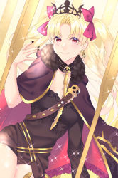Rule 34 | 1girl, akapug621, bad id, bad pixiv id, black cape, black leotard, black nails, blonde hair, bow, cape, cowboy shot, diadem, earrings, ereshkigal (fate), fate/grand order, fate (series), fur trim, hair bow, jewelry, leotard, long hair, looking at viewer, nail polish, red bow, red eyes, solo, sparkle, standing, twintails, two side up, very long hair