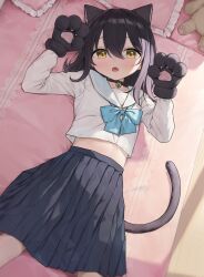 Rule 34 | 1girl, :o, absurdres, animal ears, animal hands, arm up, bell, black choker, black gloves, black hair, black skirt, blue bow, blue sailor collar, blush, bow, cat ears, cat tail, choker, collarbone, commentary request, fang, frilled pillow, frills, gloves, hair between eyes, hand up, highres, jingle bell, long hair, looking at viewer, lying, midriff peek, neck bell, on back, open mouth, original, paw gloves, pillow, pleated skirt, sailor collar, school uniform, serafuku, shirt, skirt, solo, stuffed animal, stuffed toy, tail, takenoko no you, teddy bear, white shirt, yellow eyes