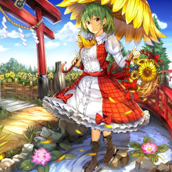 Rule 34 | 1girl, ascot, basket, blue sky, bow, breasts, bridge, brown footwear, center frills, cloud, commentary request, day, dress, fence, flower, flower umbrella, frilled shirt collar, frills, full body, grass, green hair, hair between eyes, holding, holding basket, holding umbrella, juliet sleeves, kazami yuuka, large breasts, leaf, lily pad, long sleeves, looking at viewer, nature, outdoors, petals, petticoat, pink flower, puffy sleeves, red bow, red eyes, red sash, red skirt, red vest, river, rock, rope, sash, shide, shimenawa, short hair, skirt, sky, smile, solo, standing, sunflower, torii, touhou, tree, umagenzin, umbrella, vest, walking, water, white dress, white flower, wing collar, yellow ascot, yellow umbrella