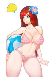 Rule 34 | 1girl, ball, beachball, bikini, bling (wnsdud34), breasts, cleavage, curvy, female focus, flower, frilled bikini, frills, green eyes, hair flower, hair ornament, highres, katarina (league of legends), large breasts, league of legends, light smile, long hair, navel, pink bikini, red hair, scar, simple background, solo, standing, swimsuit, thick thighs, thighs, very long hair, white background, wide hips
