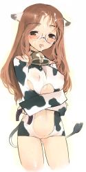 Rule 34 | 1girl, animal ears, blush, breasts, cow ears, cow girl, female focus, glasses, gradient background, long hair, midriff, milk, pussy, solo, tail, uncensored, white background