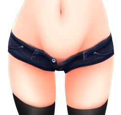 Rule 34 | 1girl, belly, black thighhighs, close-up, crotch, evandragon, groin, highres, navel, open fly, original, short shorts, shorts, simple background, skindentation, solo, standing, thigh gap, thighhighs, unbuttoned, unzipped, white background