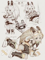 1girl :d absurdres bandaid bandaid_on_leg bandana bandana_around_neck bare_shoulders black_shorts blue_eyes body_markings boots braid brown_hair chinchilla_ears chinchilla_girl commentary_request drill full_body fur-trimmed_mittens fur_trim genshin_impact green_bandana hand_to_own_mouth highres holding holding_weapon kachina_(genshin_impact) knee_boots long_hair midriff mittens multiple_views open_mouth partially_colored sajililli shorts smile standing twitter_username visor_cap weapon