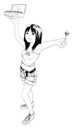 Rule 34 | 1girl, bare shoulders, belt, black hair, food, greyscale, long hair, midriff, monochrome, original, shorts, sketch, smile, solo, takoyaki, traditional media, yoshitomi akihito