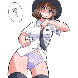 Rule 34 | 1girl, aono3, bow, brown eyes, brown hair, cameltoe, dress shirt, dutch angle, grin, hat, hat bow, highres, navel, no pants, panties, shirt, short hair, simple background, smile, solo, speech bubble, striped clothes, striped panties, thighhighs, touhou, underwear, usami renko, white background