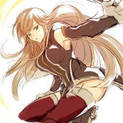 Rule 34 | 00s, 1girl, bare shoulders, blue eyes, breasts, brown hair, dress, elbow gloves, gloves, long hair, open mouth, staff, tales of (series), tales of the abyss, tear grants, thighhighs, weapon