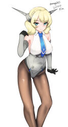 Rule 34 | 1girl, absurdres, adapted costume, black gloves, black pantyhose, blonde hair, blue eyes, blue necktie, braid, breasts, collared shirt, colorado (kancolle), dated, dress shirt, elbow gloves, feet out of frame, gloves, grey leotard, headgear, highres, kantai collection, large breasts, leotard, maru (marg0613), necktie, one-hour drawing challenge, pantyhose, shirt, short hair, side braids, simple background, sleeveless, sleeveless shirt, solo, twitter username, white background, white shirt