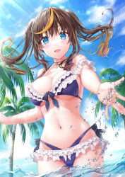 Rule 34 | 1girl, :d, bikini, blonde hair, blue sky, blush, breasts, brown hair, cleavage, commentary request, day, frilled bikini, frills, highres, kyariko, large breasts, looking at viewer, multicolored hair, navel, open mouth, original, outdoors, palm tree, purple bikini, sky, smile, solo, streaked hair, swimsuit, tree, underboob, wading, water