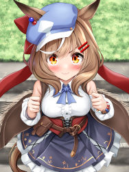 Rule 34 | 1girl, animal ears, belt pouch, blush, breasts, cabbie hat, clenched hands, commentary request, ei ei mun!, grass, hat, highres, horse ears, horse tail, looking at viewer, manu lee, matikane tannhauser (umamusume), medium breasts, medium hair, pouch, ribbon, smile, tail, umamusume, yellow eyes